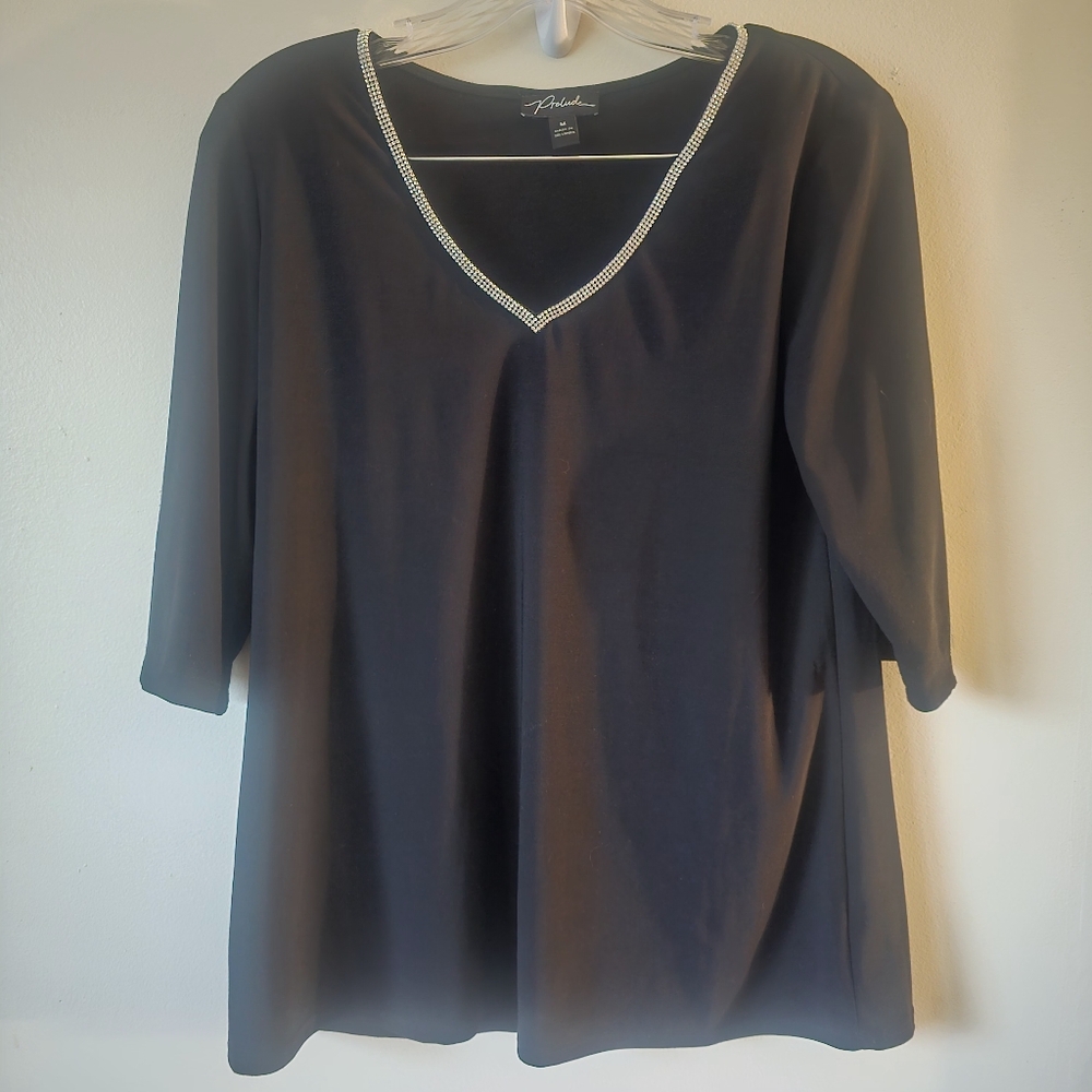 Prelude black shirt with rhinestone detail around the collar
